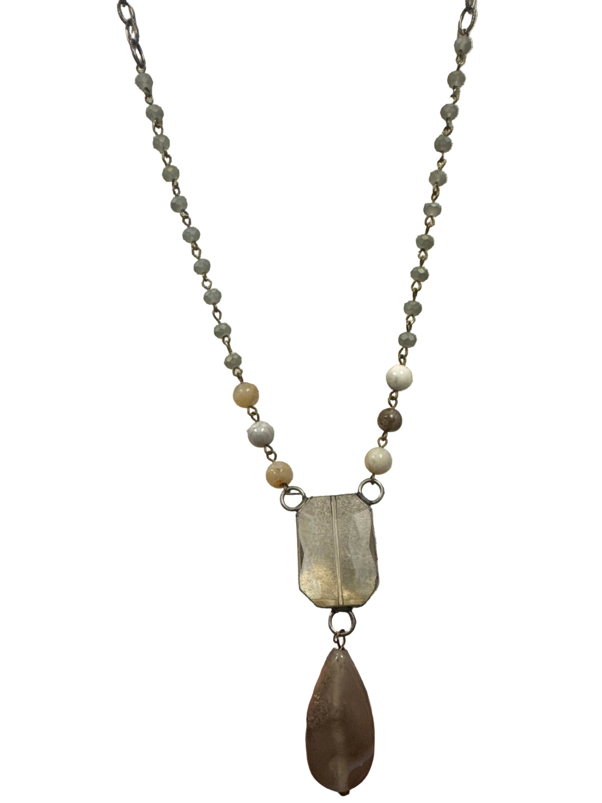 Crystal Beaded Stone Drop Pendant Necklace