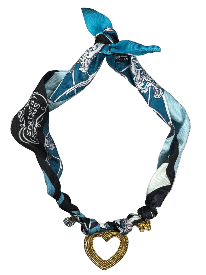 Blue Silk Scarf Necklace with Large Heart Charm