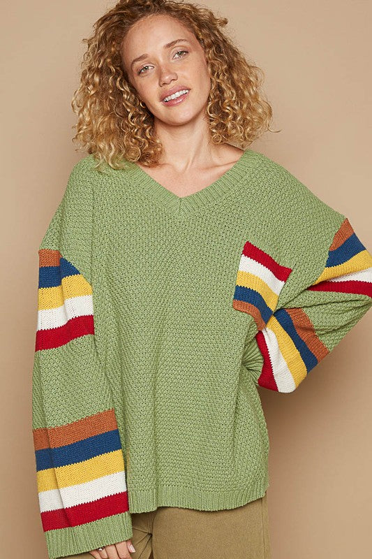 Oversize stripe long sleeve front pocket sweater