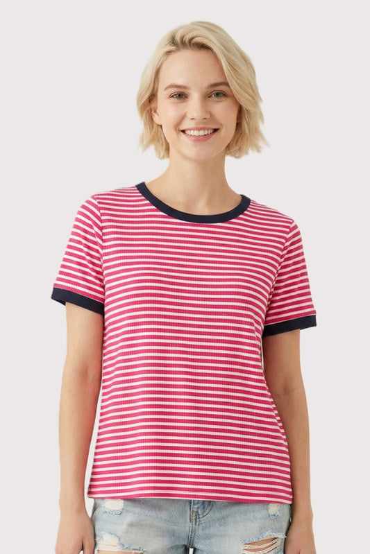 Crew Neck Ribbed Striped Short Sleeve Top