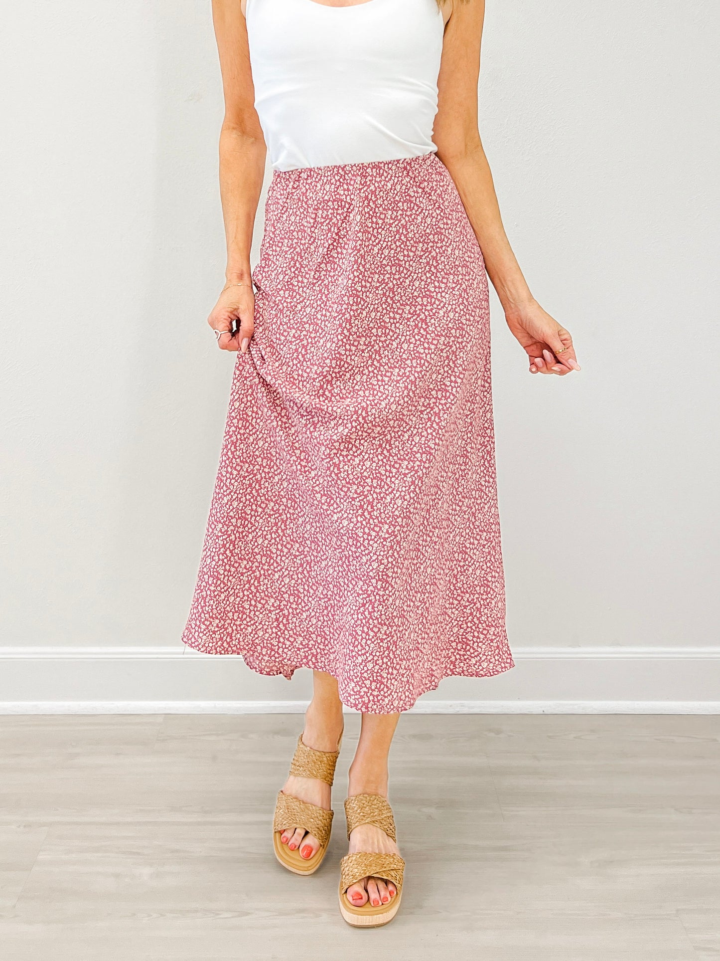 Floral Print Midi Elastic Waistband Skirt