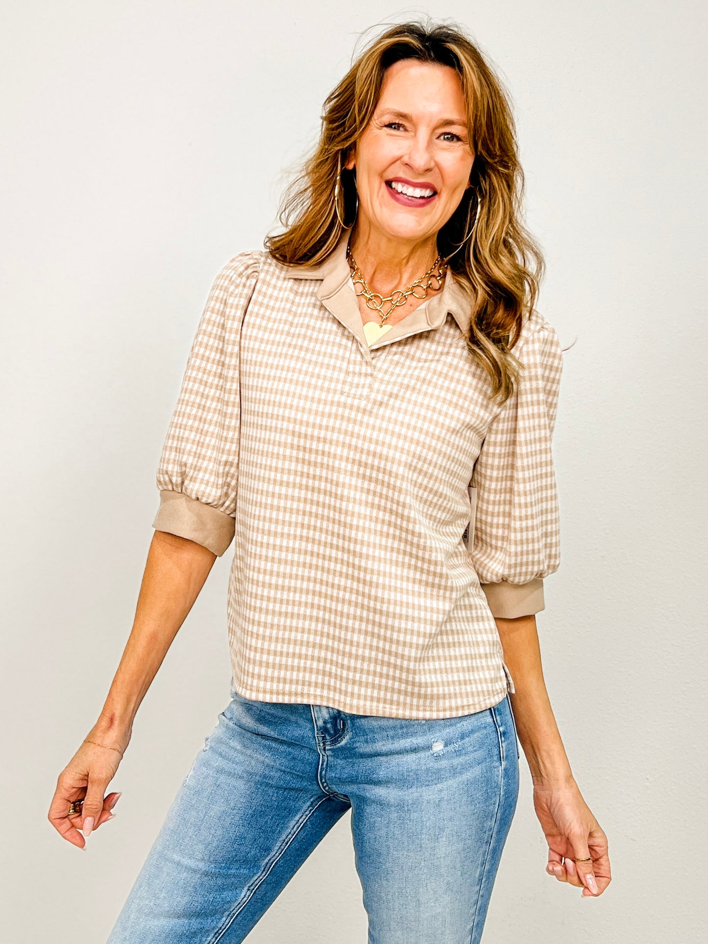 Gingham Top with Solid Accent Collar