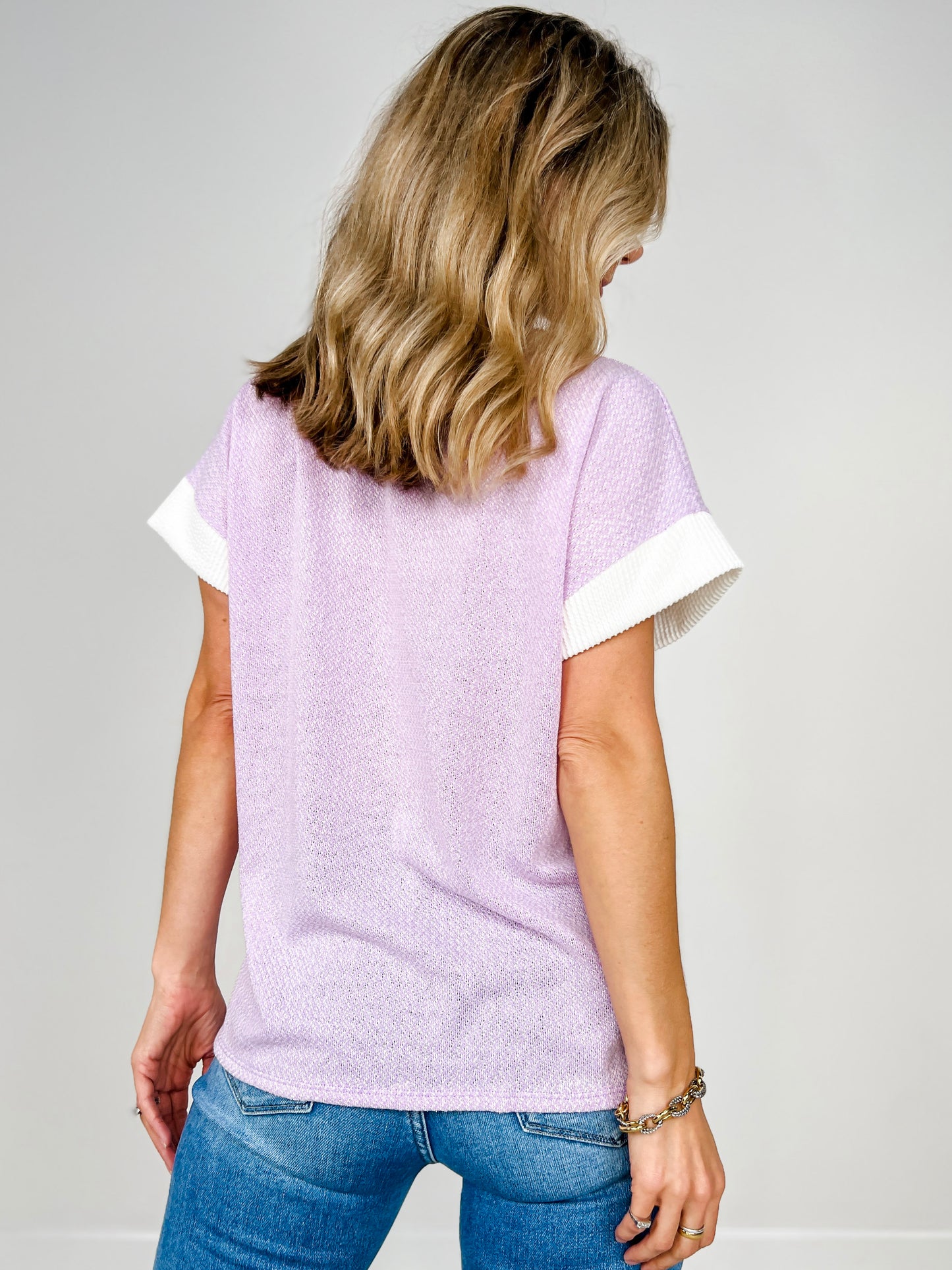Open Knit Split V-Neckline Short Sleeve Top