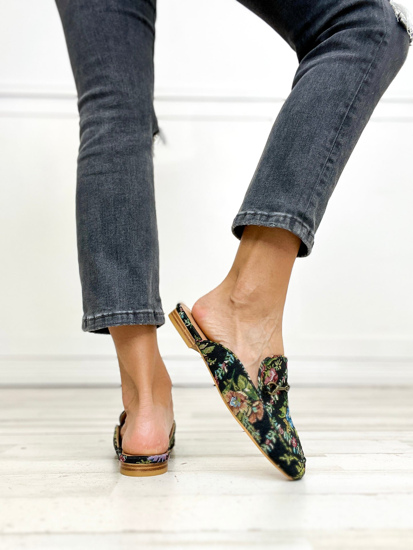 Corkys Charmer Loafer Slides in BLACK BROCADE FLORAL