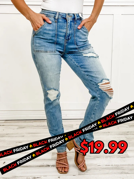 Judy Blue ROMEO Hi-Rise Patch Pocket Distressed Boyfriend Denim Jeans