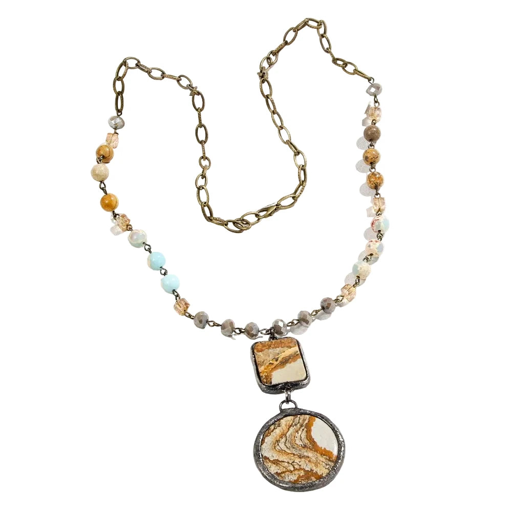 8mm Beaded Rosary Chain Stone Pendant Necklace