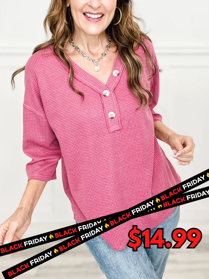 Thermal V-Neck Button Neckline Top with 3/4" Length Sleeves - PINK