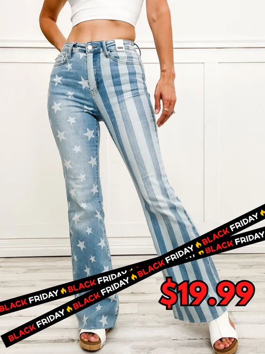 Judy Blue Hi-Rise Stars and Stripes Bleach Discharge Flare Denim Jeans