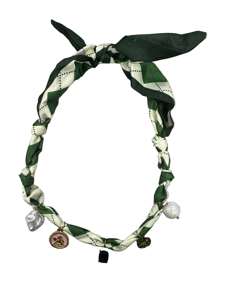 Green Argyle Silk Scarf Necklace with Emerald and Pearl Charms