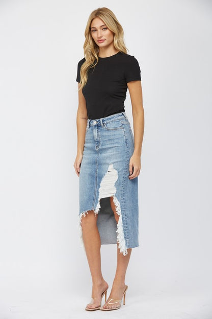 MICA Denim High Waisted Midi Skirt With Distressing