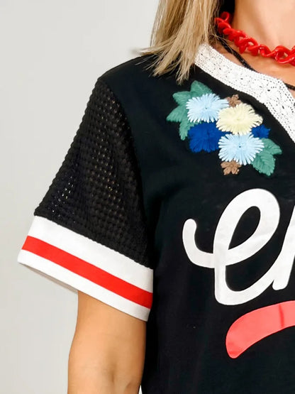 Floral Patch And Lace Short Sleeve V-Neck Top