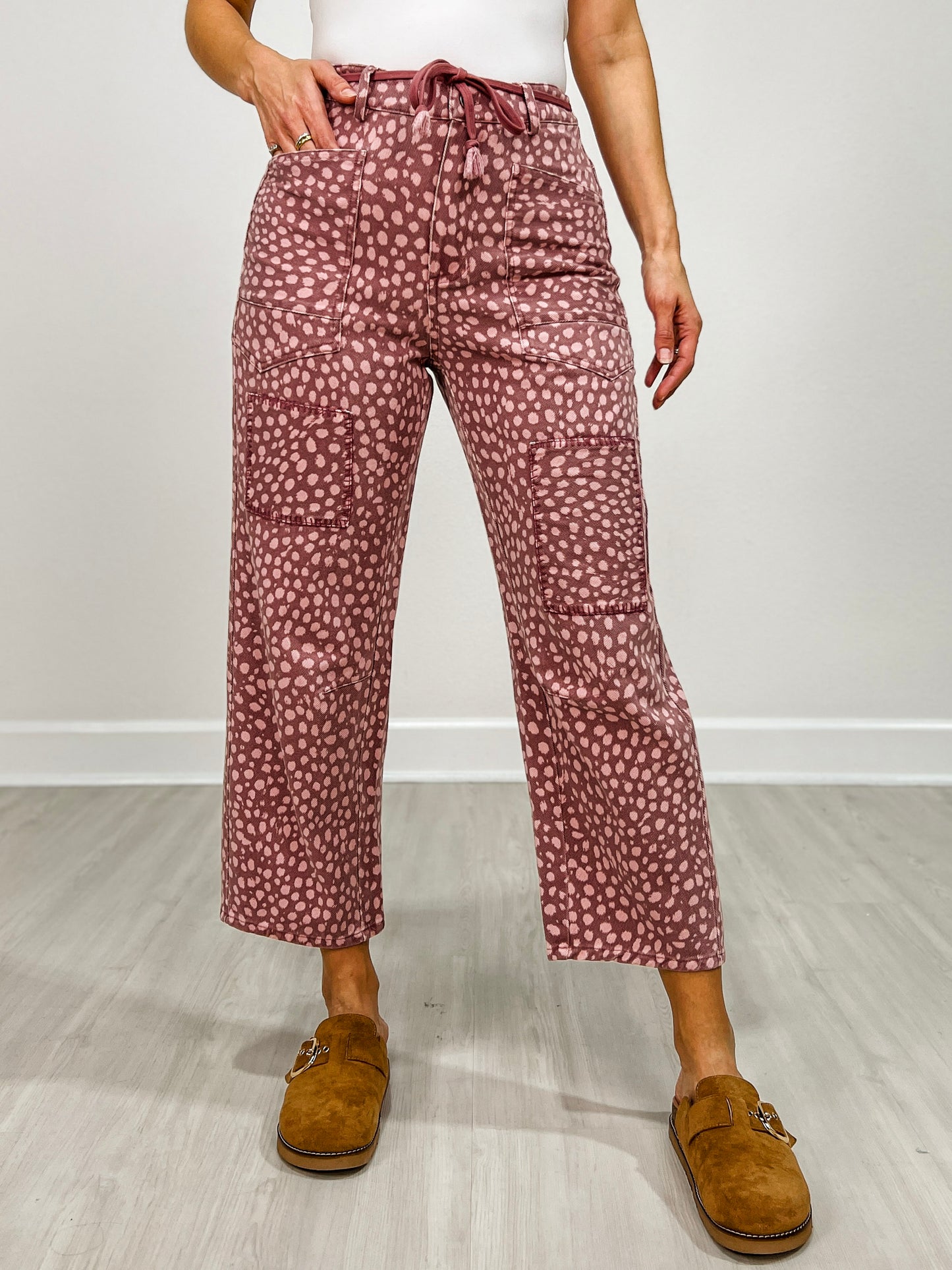 Animal Print Washed Twill Barrel Jeans