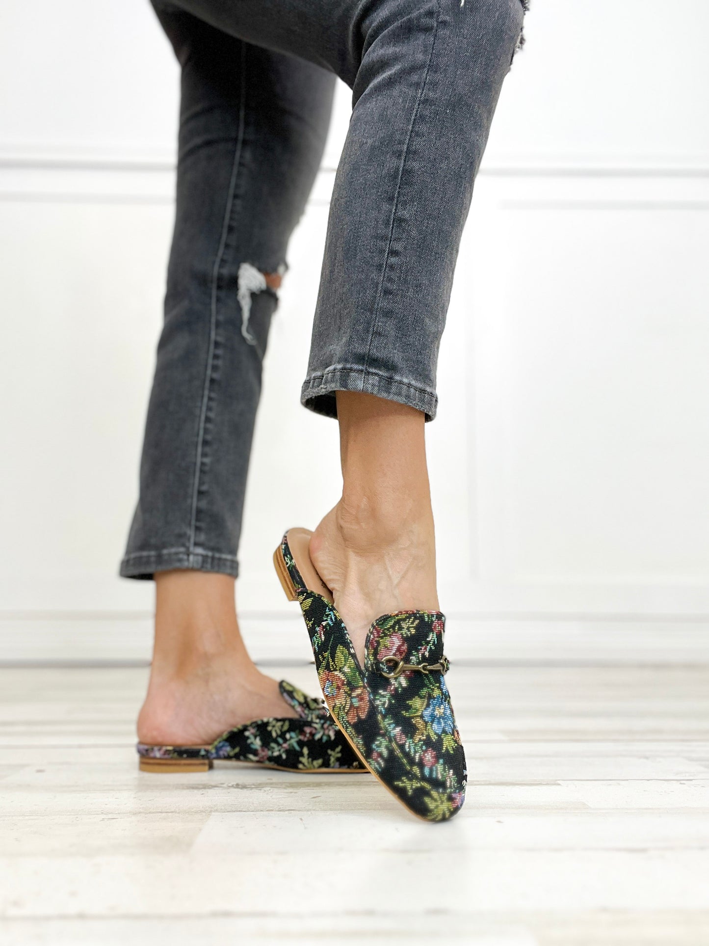 Corkys Charmer Loafer Slides in BLACK BROCADE FLORAL