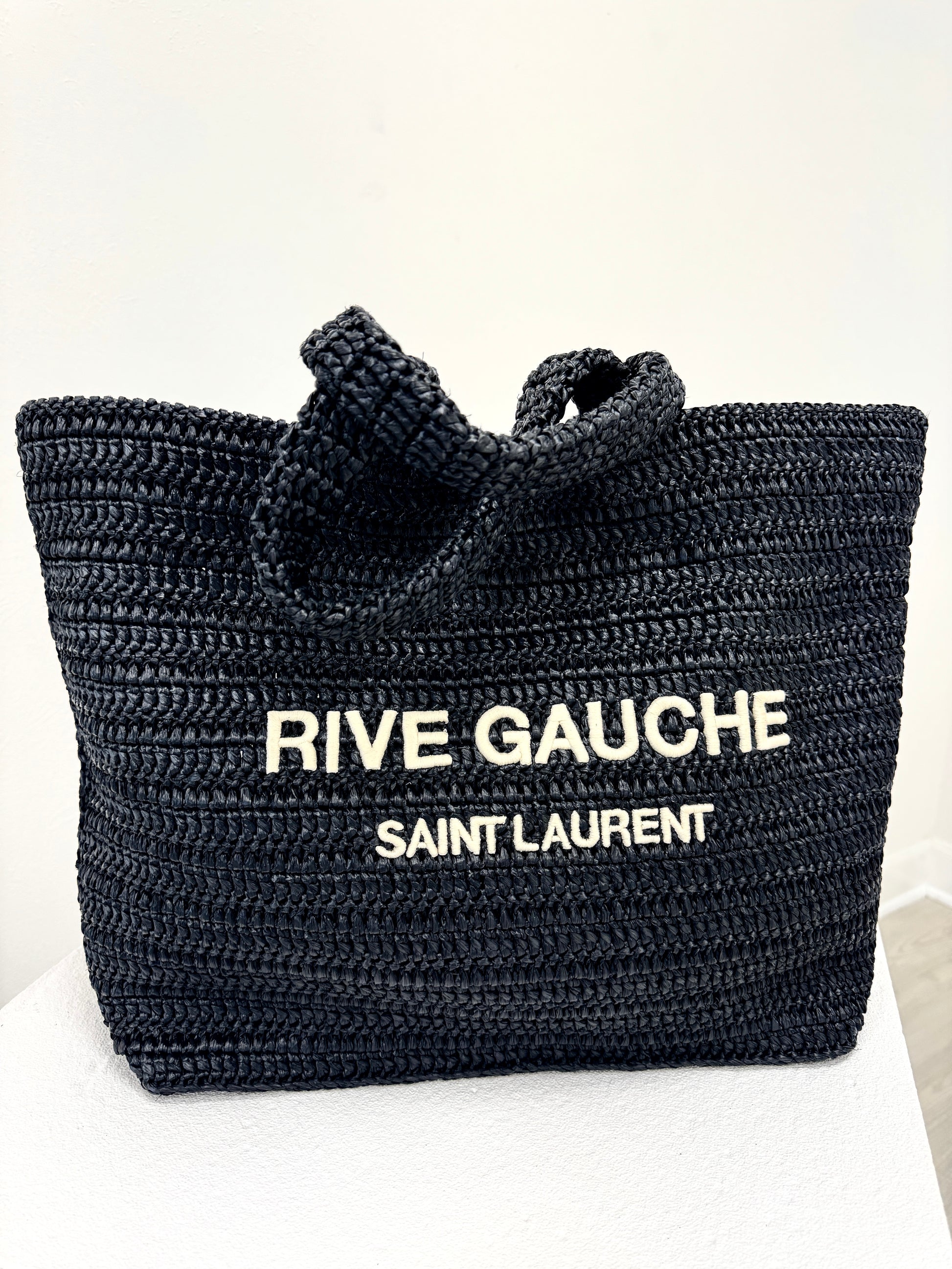 Saint Laurent Rive Gauche Embroidered Raffia Tote Bag