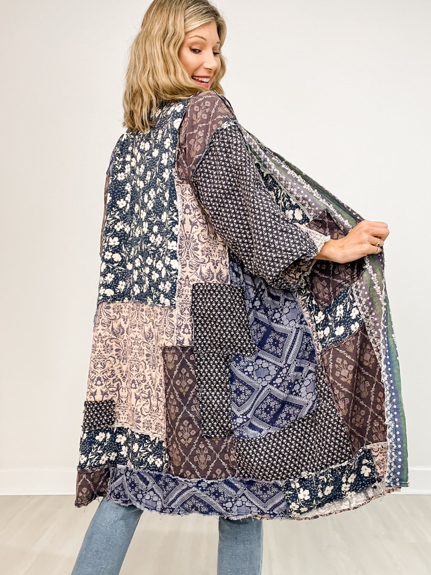 Washed Mix Media Open Front Pocket Cardigan