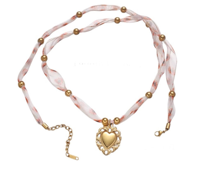 Silk Necklace Pink with Heart Beaded Charm