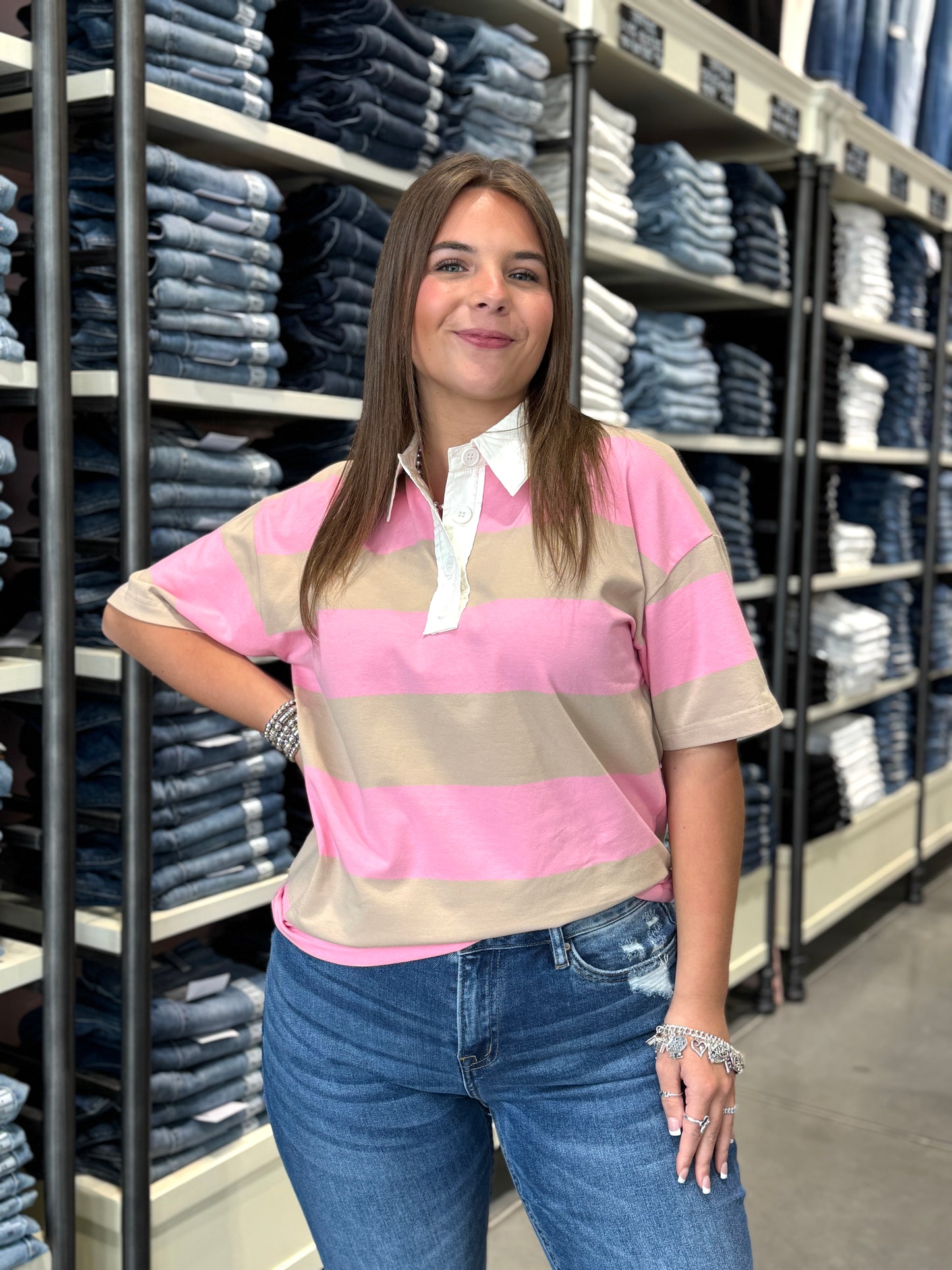 Rugby Striped Half Sleeve Oversized Polo Shirt