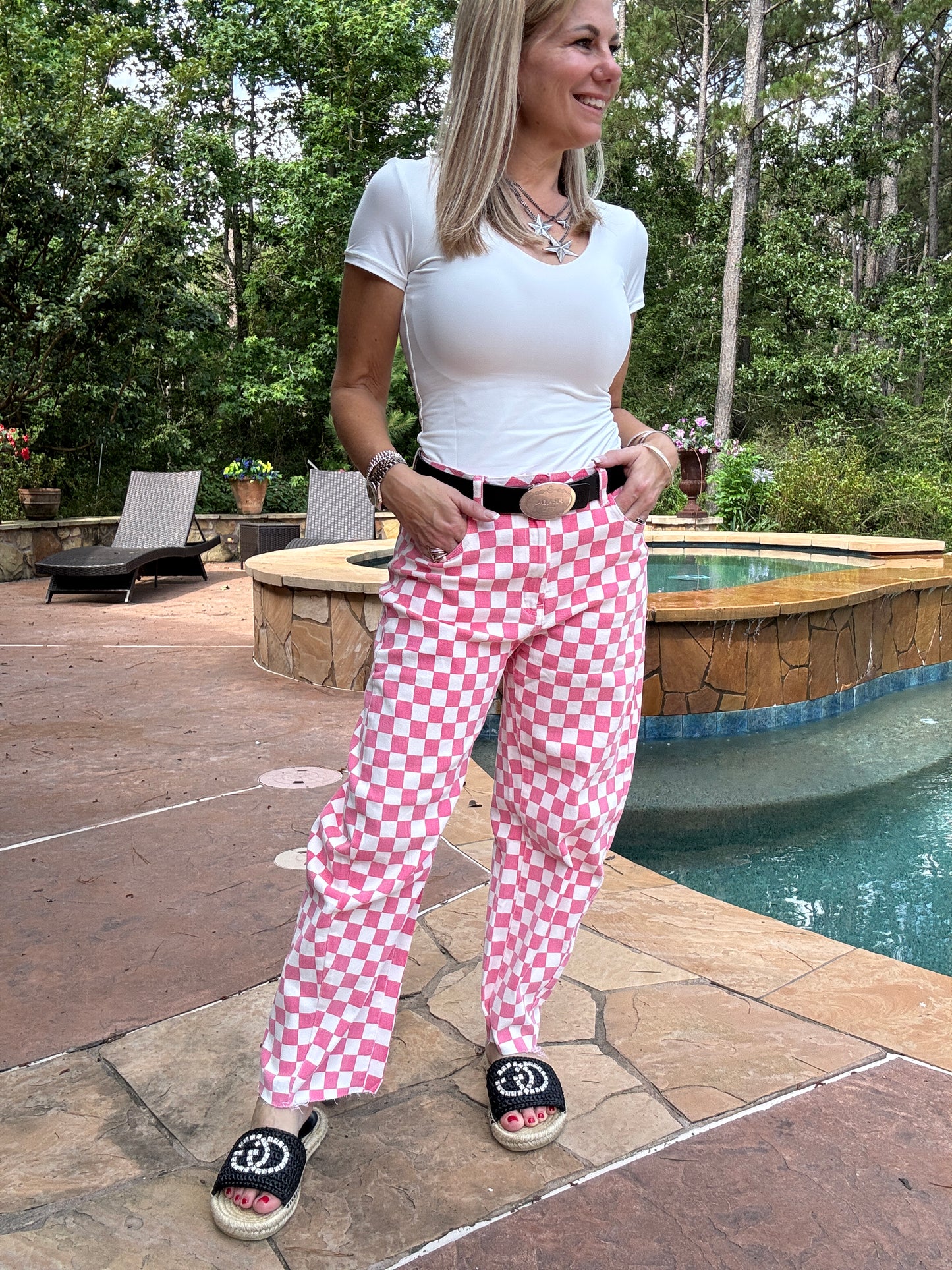 Custom Pink Check Finish Line Mini Barrel Pants!