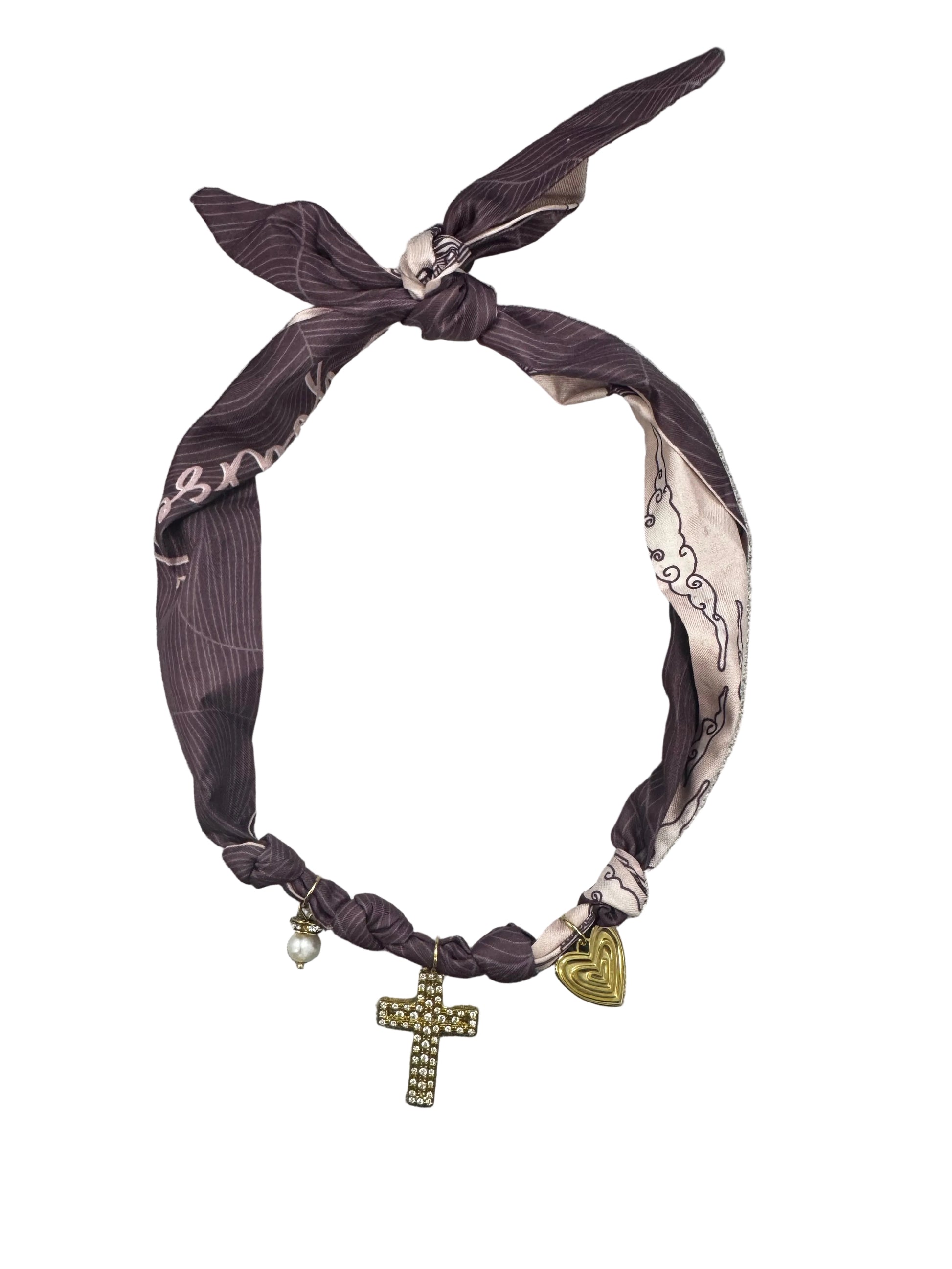 Plum Silk Scarf Necklace with CZ Cross Charm