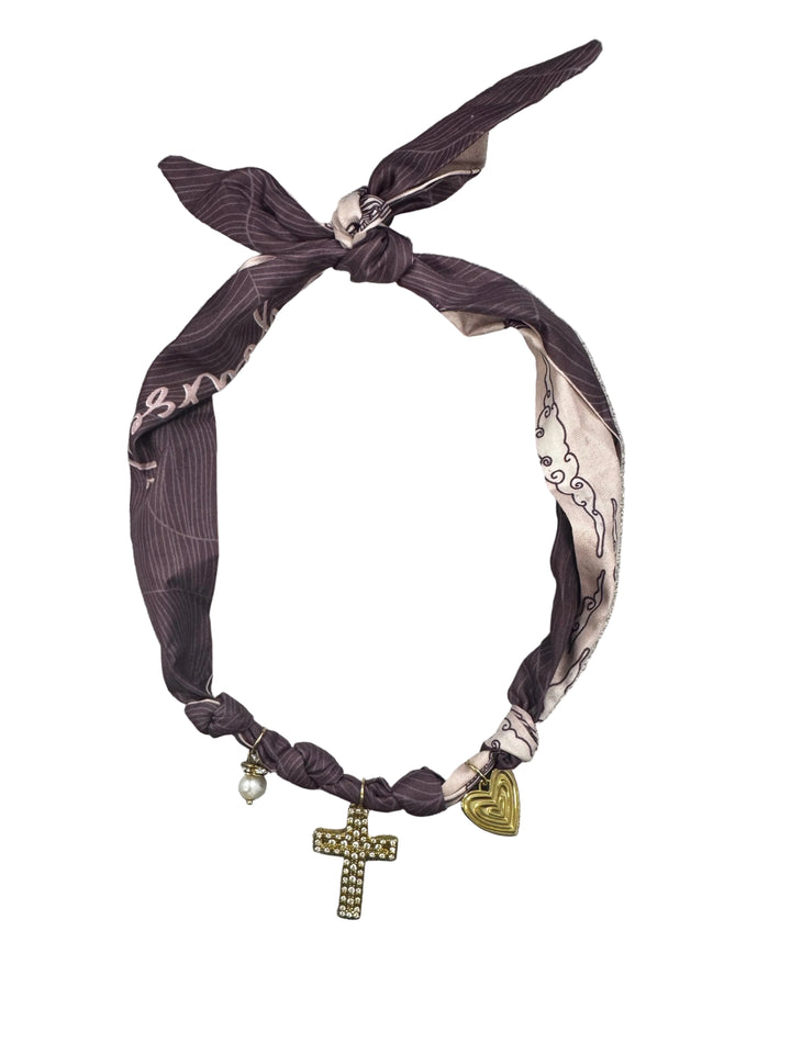 Plum Silk Scarf Necklace with CZ Cross Charm