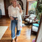 Linen Button Up Collared Tunic Top with Star Patches