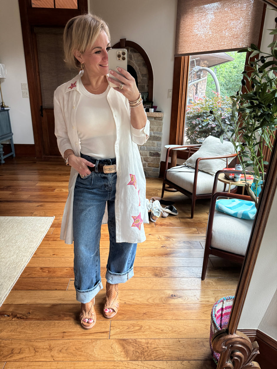 Linen Button Up Collared Tunic Top with Star Patches