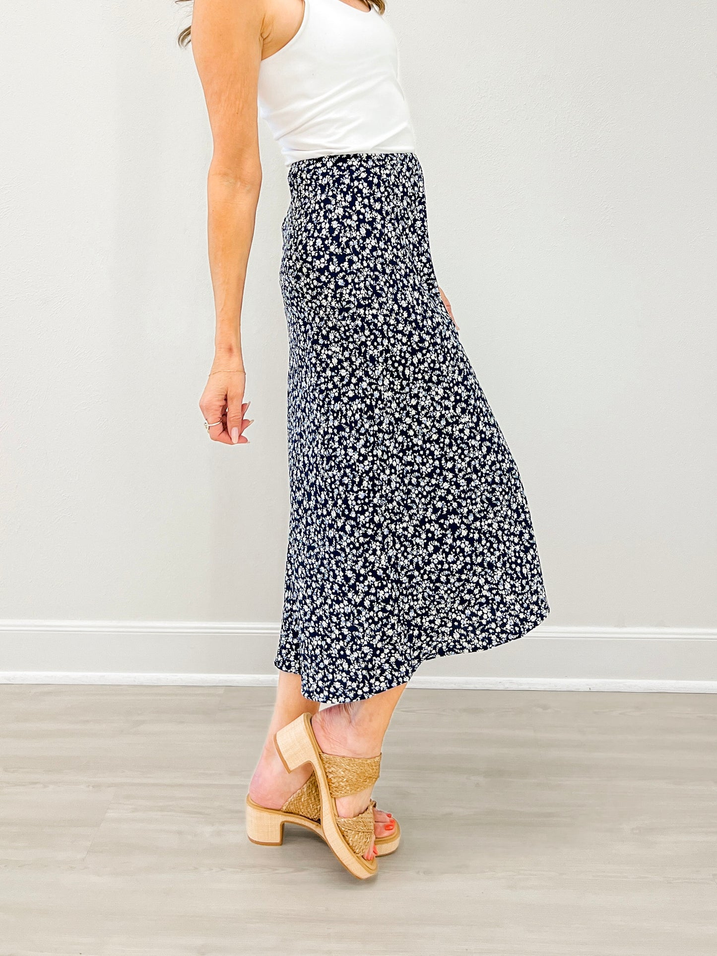 Floral Print Midi Elastic Waistband Skirt