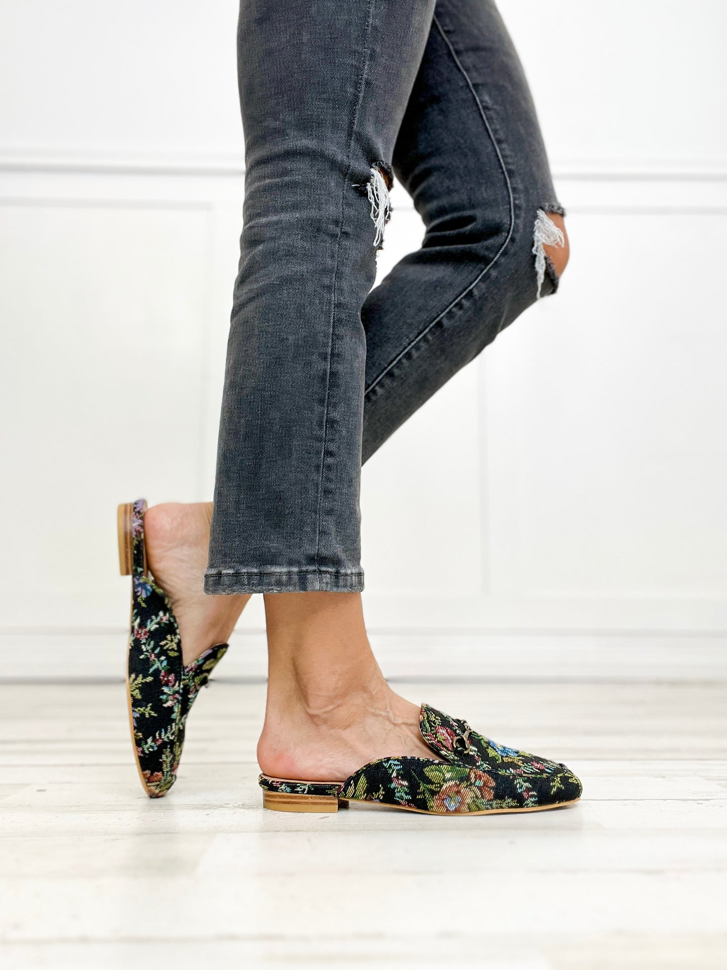 Corkys Charmer Loafer Slides in BLACK BROCADE FLORAL