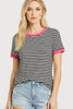 Crew Neck Ribbed Striped Short Sleeve Top