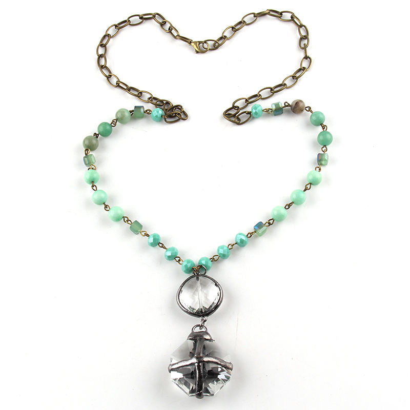 Mixed Bead Double Drop Pendant Necklace