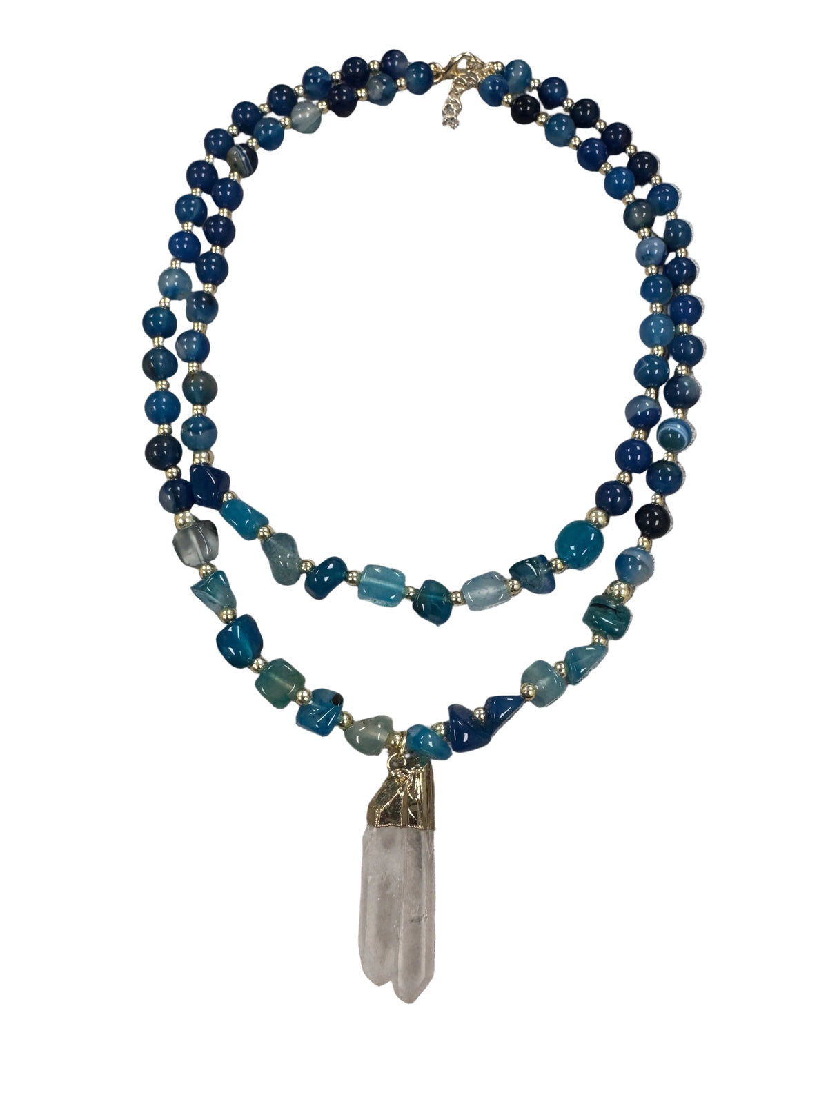 Layered Crystal Beaded Necklace with Quartz Pendant