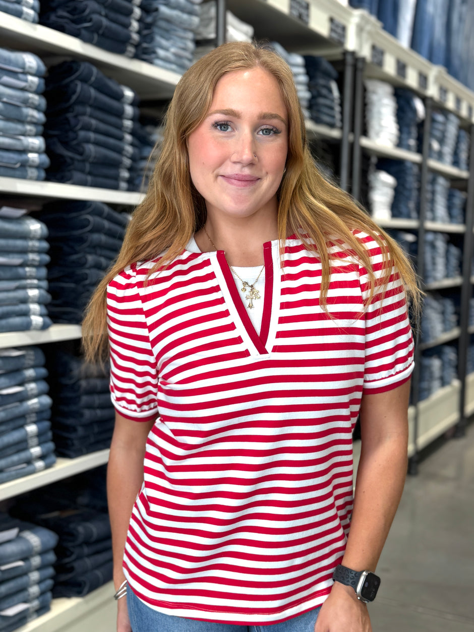 Split Neck Short Sleeve Striped Top