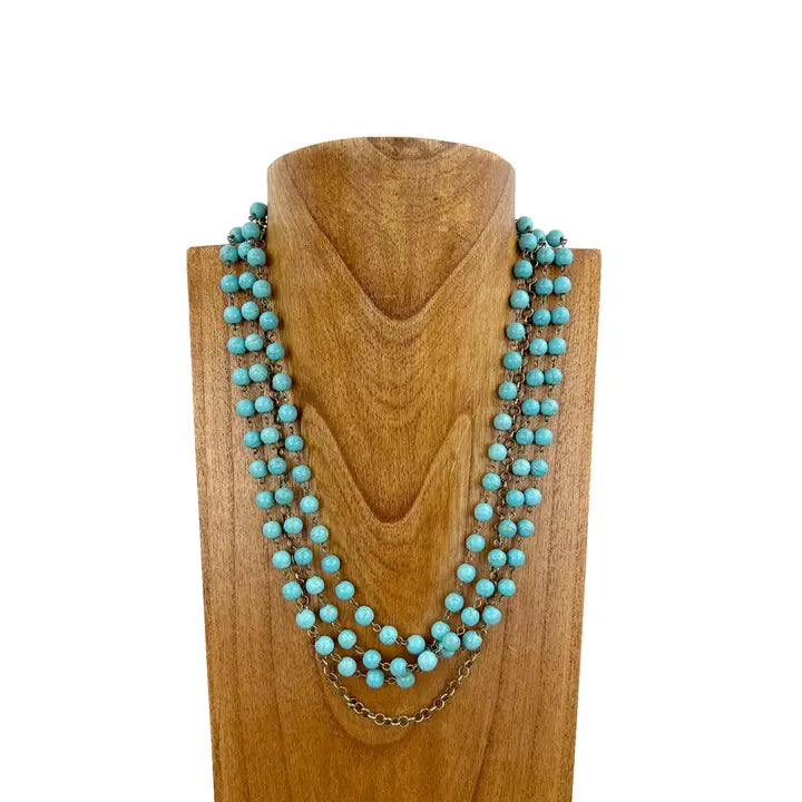 3 Layers Turquoise Stone Beads with Brass Color Metal Chain Necklace