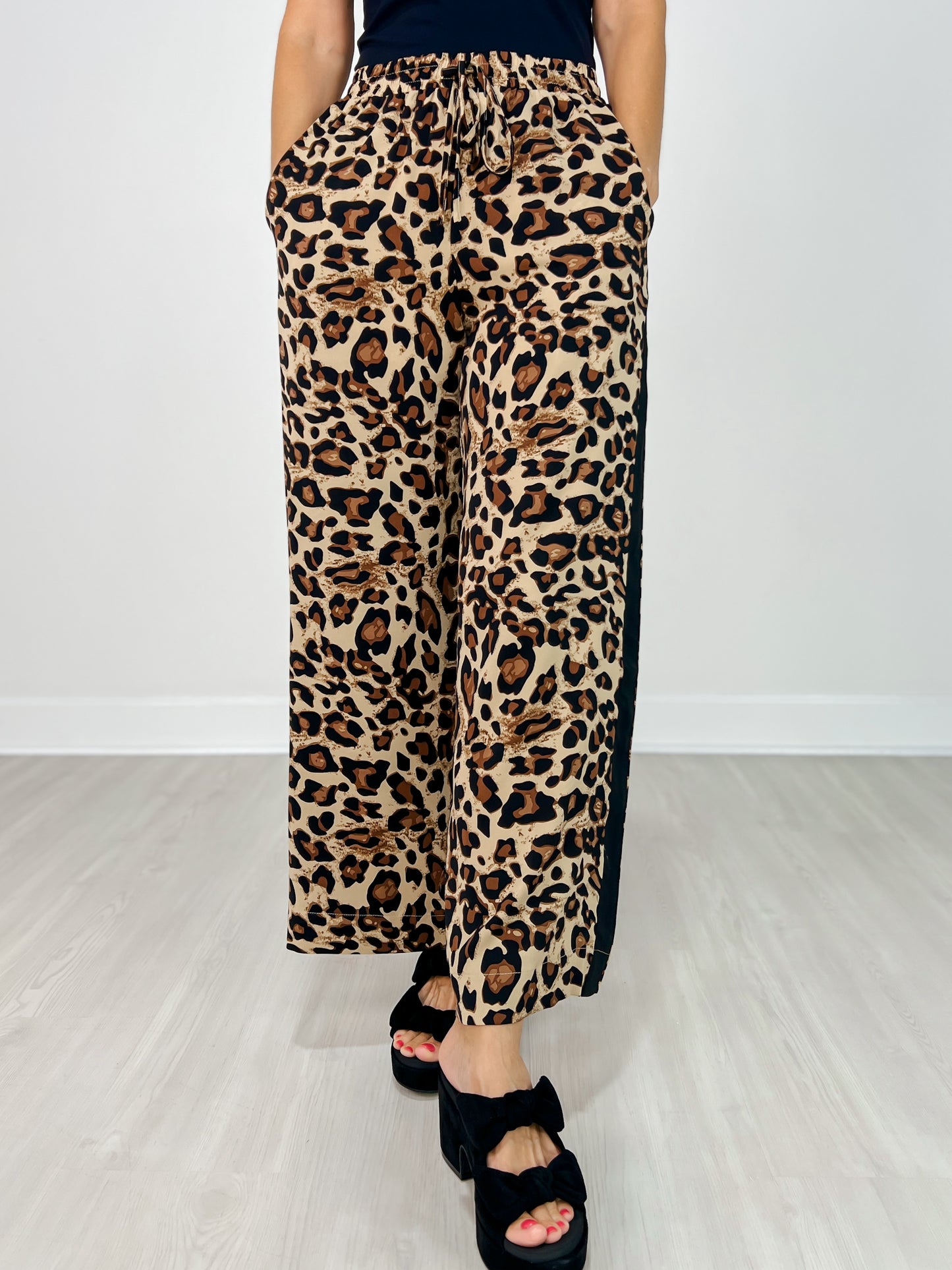 Elastic Waist Leopard Pants with Contrast Color Stripe Sides