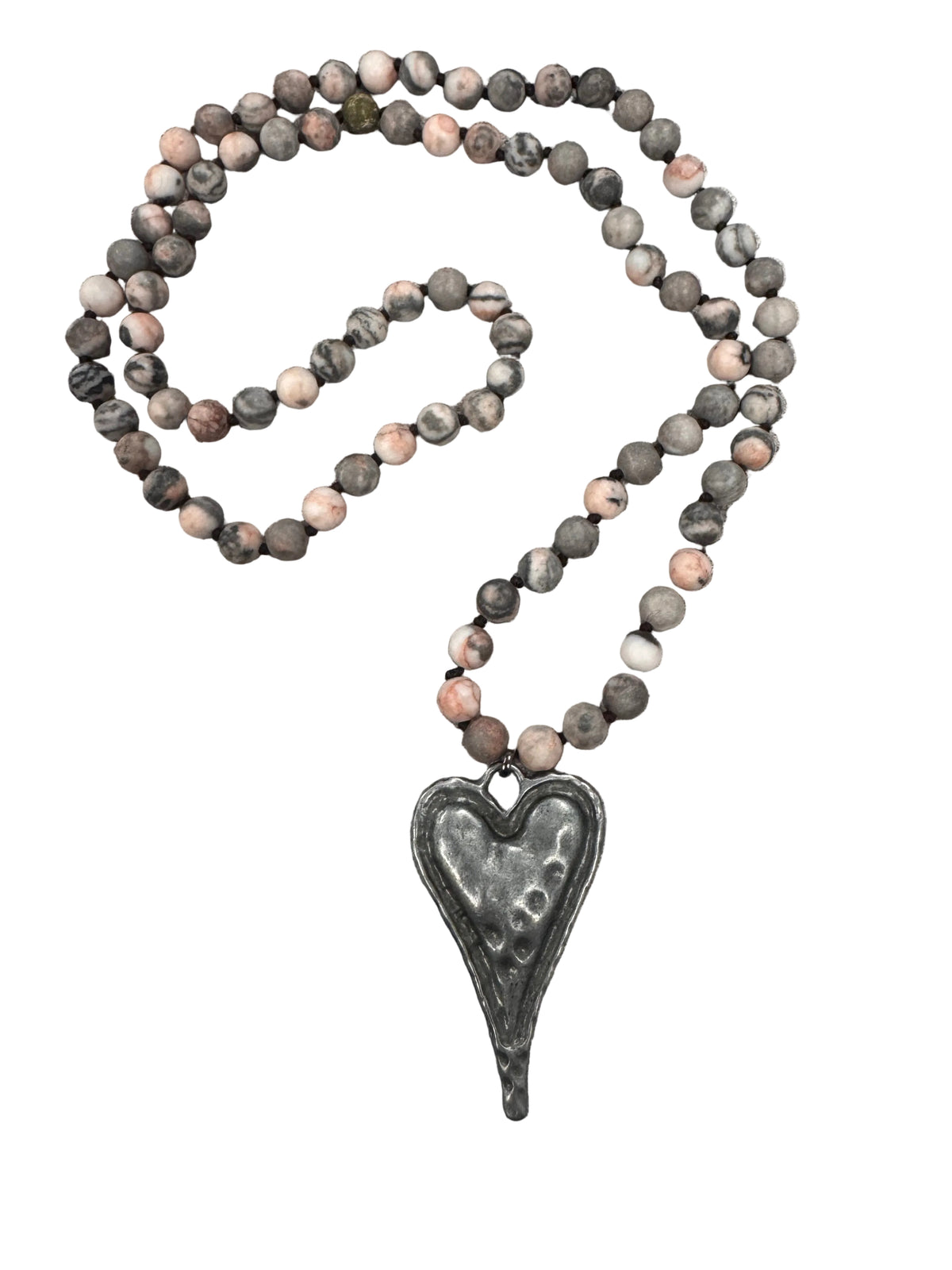 Stone Beaded Hammered Heart Pendant Necklace - GRP A
