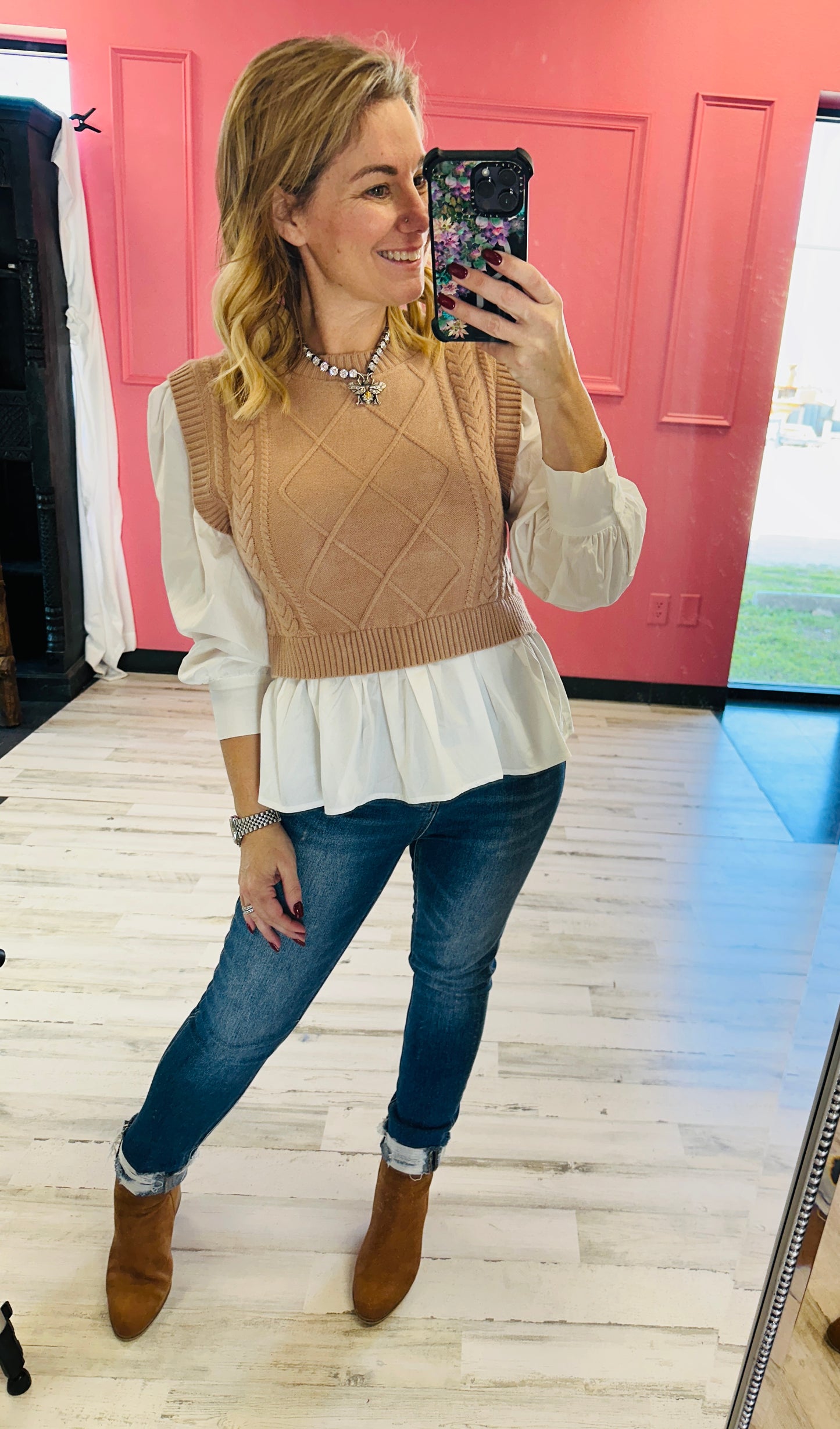 Cable knit sweater with blouse