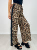 Elastic Waist Leopard Pants with Contrast Color Stripe Sides