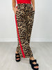 Elastic Waist Leopard Pants with Contrast Color Stripe Sides