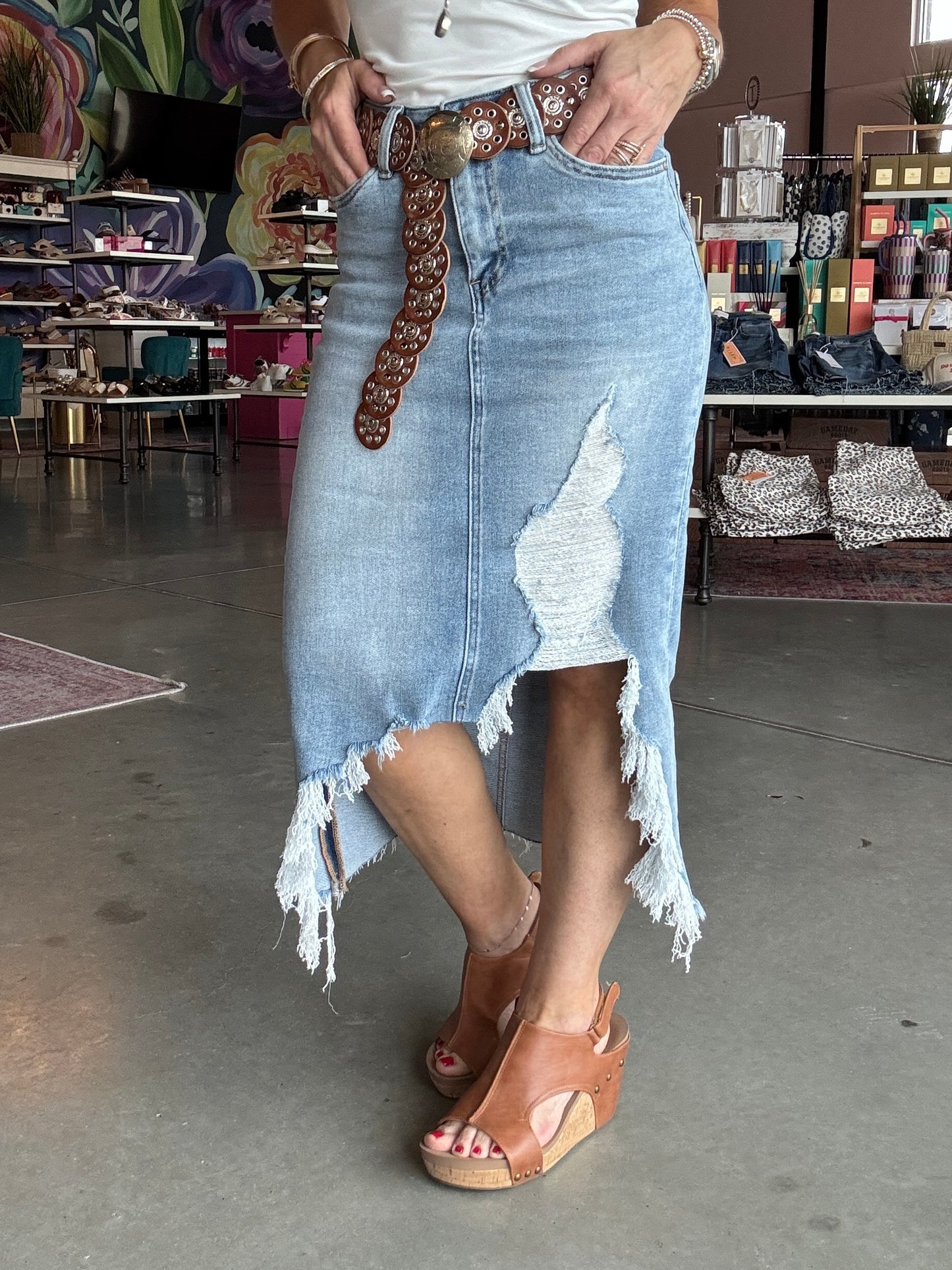 MICA Denim High Waisted Midi Skirt With Distressing