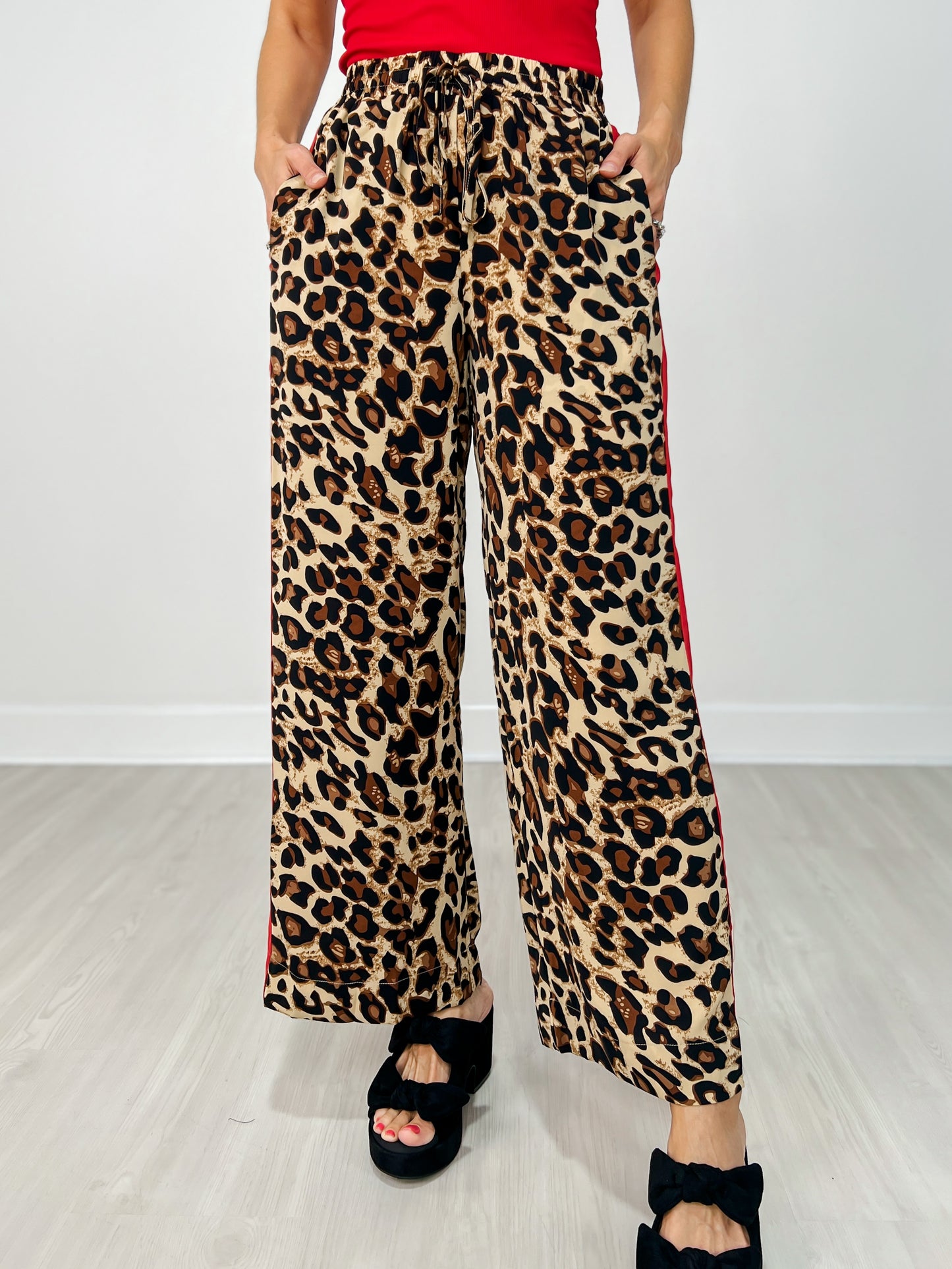 Elastic Waist Leopard Pants with Contrast Color Stripe Sides