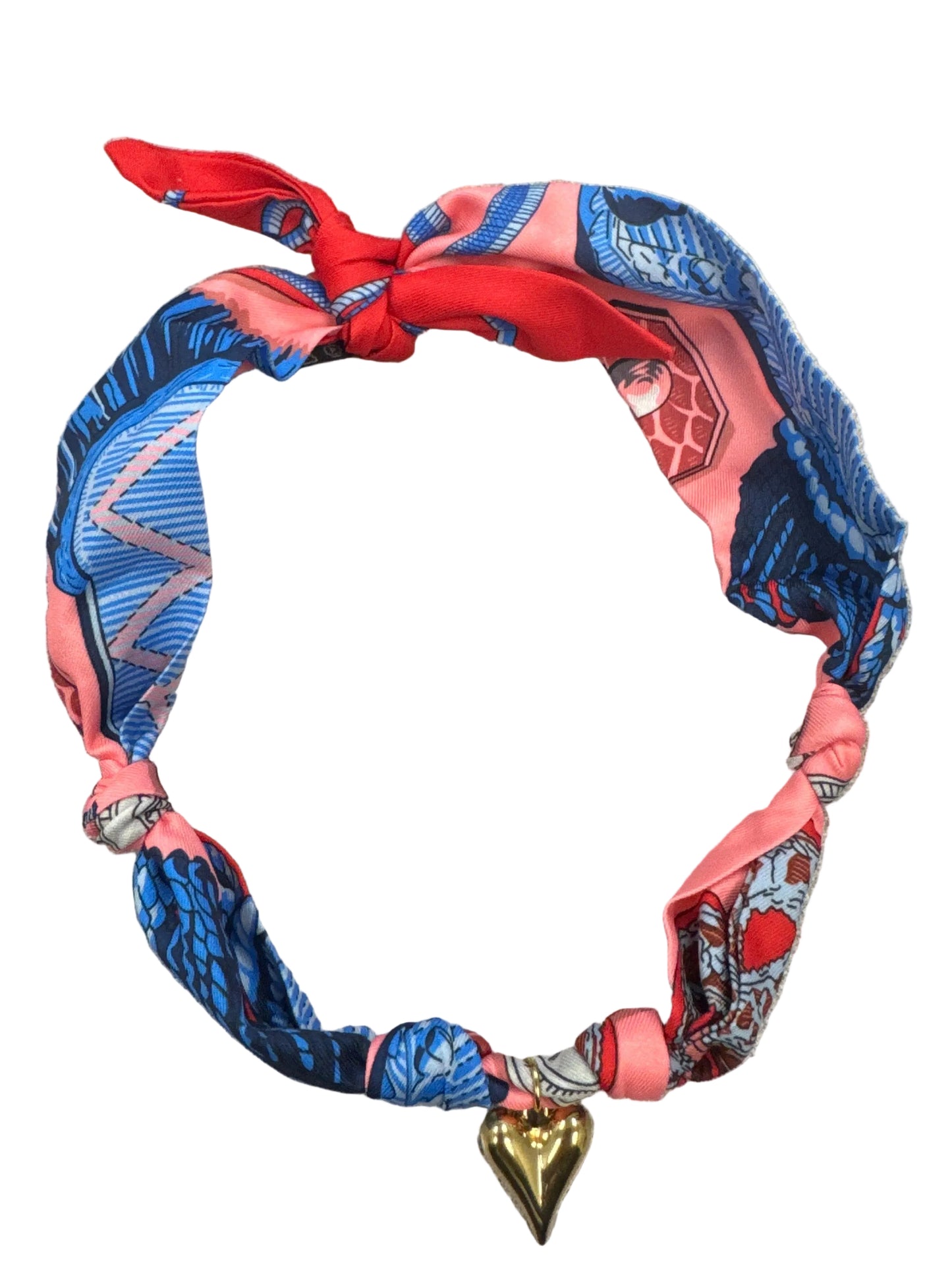 Pink & Blue Patterned Silk Scarf Necklace with Heart Charm