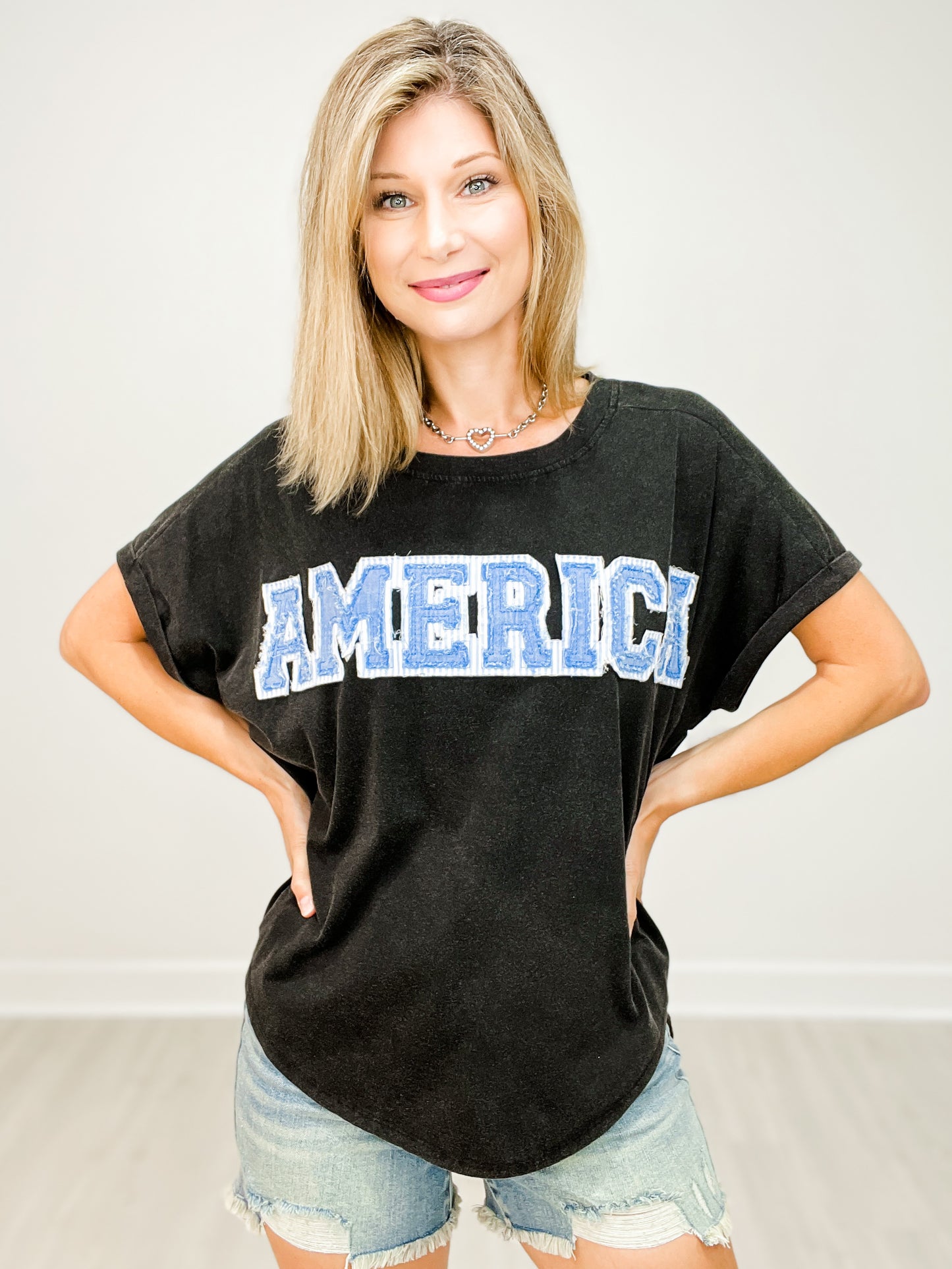 Washed Jersey Short Sleeve Top With America Patch