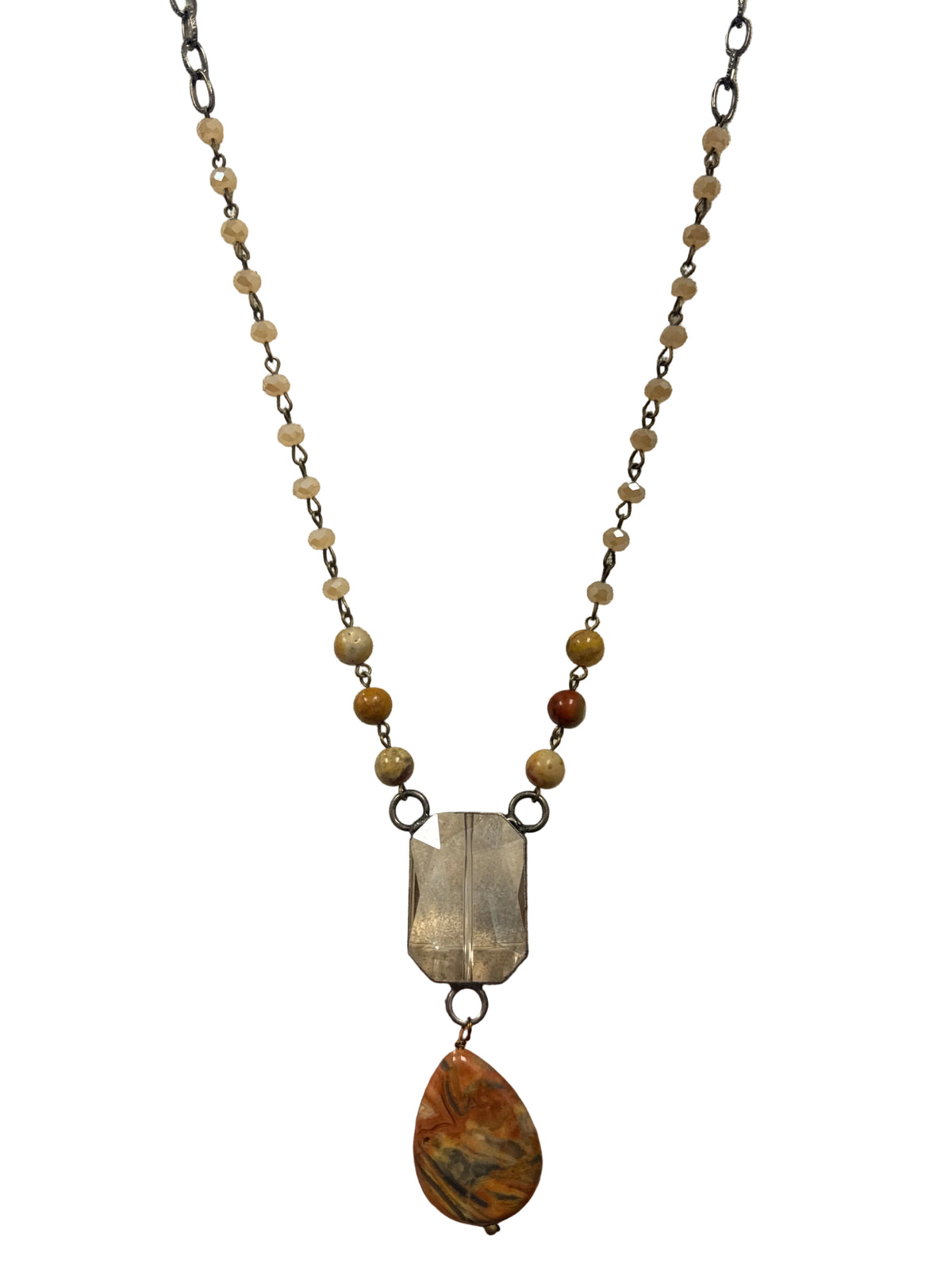 Crystal Beaded Stone Drop Pendant Necklace