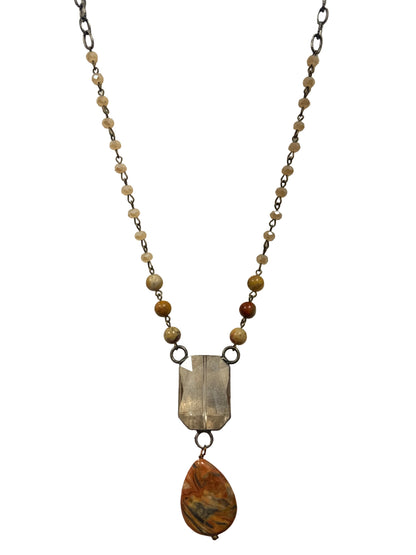 Crystal Beaded Stone Drop Pendant Necklace