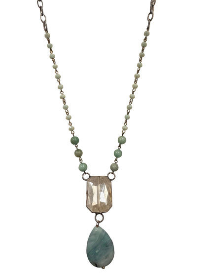 Crystal Beaded Stone Drop Pendant Necklace