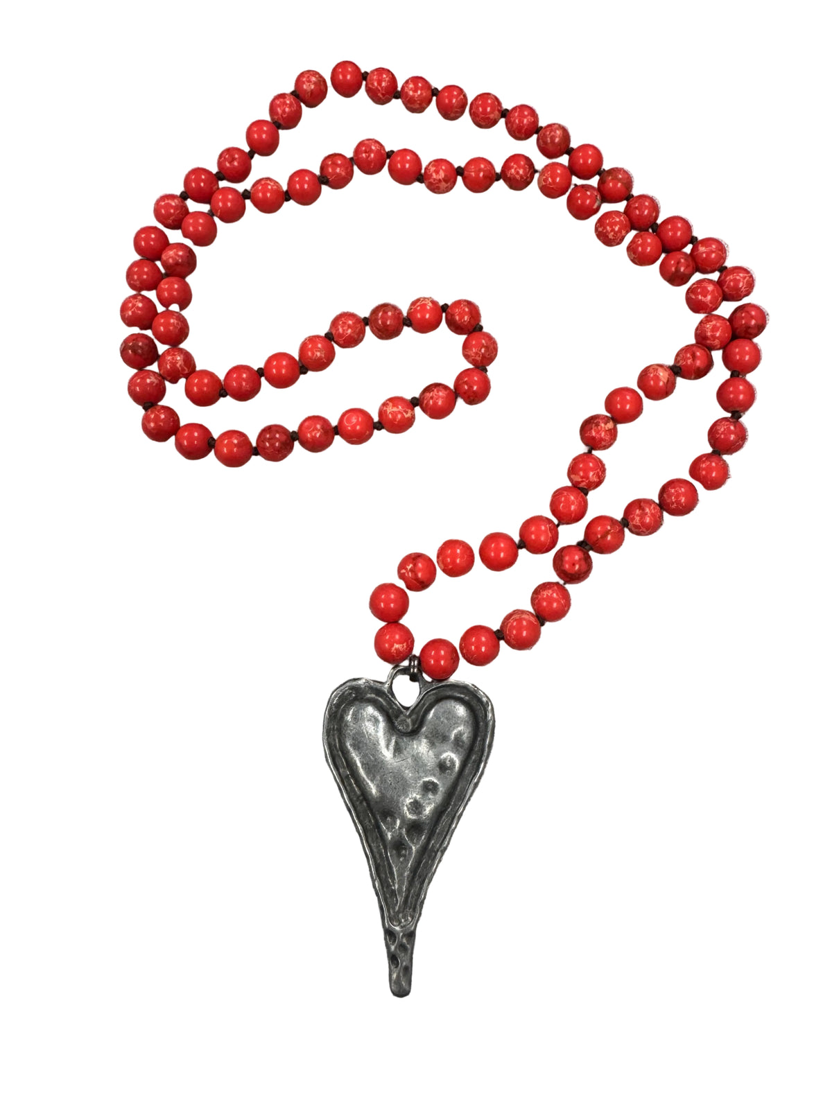 Stone Beaded Hammered Heart Pendant Necklace - GRP A