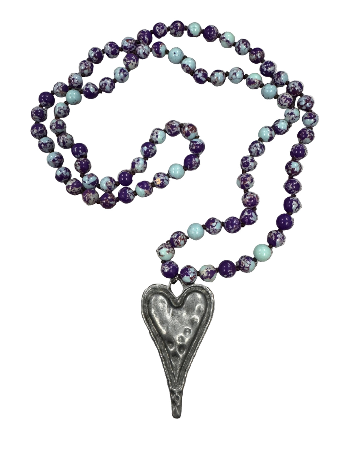 Stone Beaded Hammered Heart Pendant Necklace - GRP B