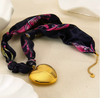 Black & Hot Pink Scarf Necklace with Gold Heart Charm