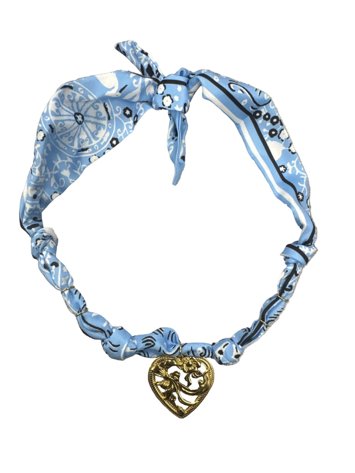 Light Blue Knotted Bandana Necklace with Floral Heart Charm