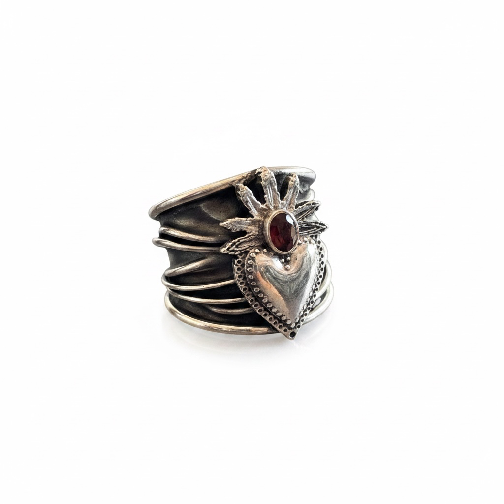 Sterling Silver Sacred Heart Stacker Ring Size 8